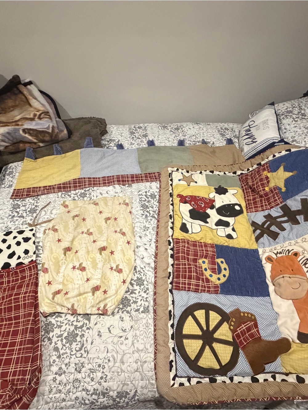 Vintage CoCalo wild west design with a horse and cow 4 piece nursery bedding.